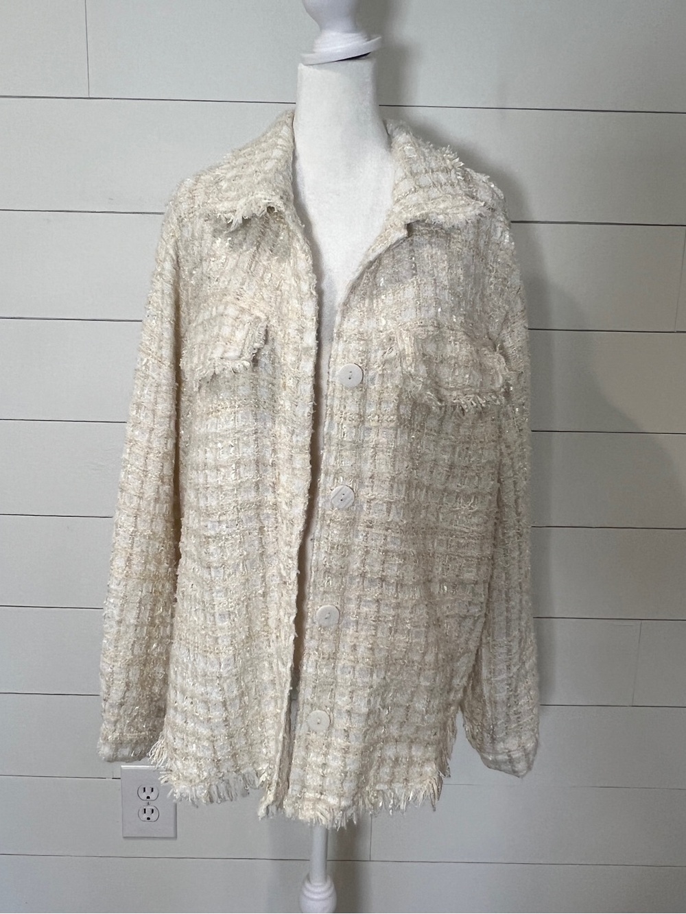 NWT Lulus Womens Cream Tweed Button-Up Jacket